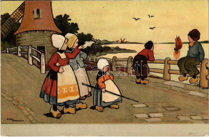 1908 Children art postcard, windmill, Dutch folklore s: Ethel Parkinson, 1908 Holland folklór képeslap gyerekekkel s: Ethel Parkinson