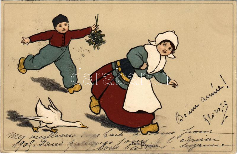 1904 Holland folklór művészlap gyerekekkel. litho s: Ethel Parkinson, 1904 Children art postcard, Dutch folklore. litho s: Ethel Parkinson