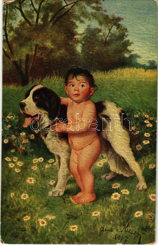 Az út az életbe. s: A. v. Riesen, Die Reise ins Leben / Child with dog s: A. v. Riesen