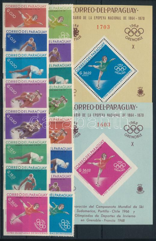 Winter Olympics Grenoble set and imperforated set + block and imperforated block, Téli olimpia, Grenoble fogazott és vágott sor + fogazott és vágott blokk