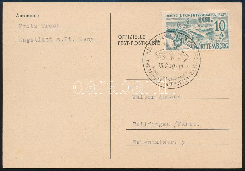 Württemberg. German Ski Championship postcard with stamps and casual cancellation, Württemberg. Német síbajnokság képeslap megfelelő bélyeggel és alkalmi bélyegzéssel