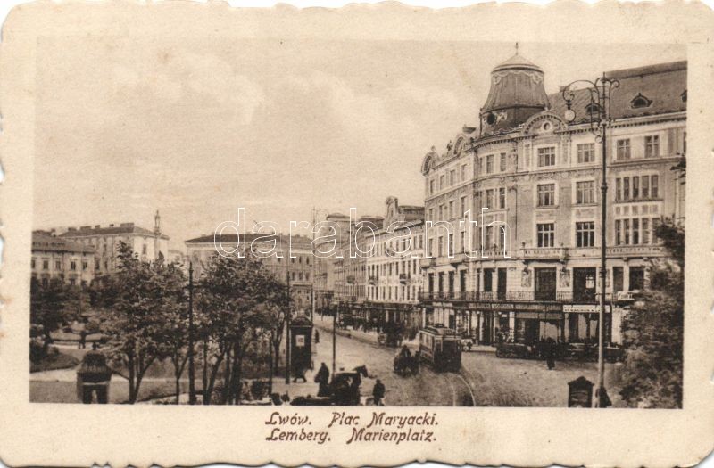 Lviv, Lwów, Lemberg; Plac Maryacki, St. Wagner A. / square, shops, tram