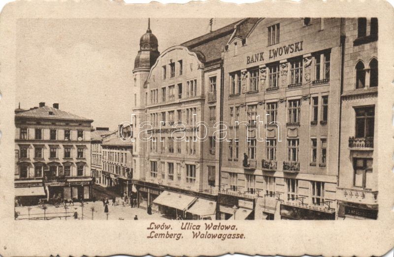 Lviv, Lwów, Lemberg; Ulica Walowa, Bank Lwowski / street, bank, shops