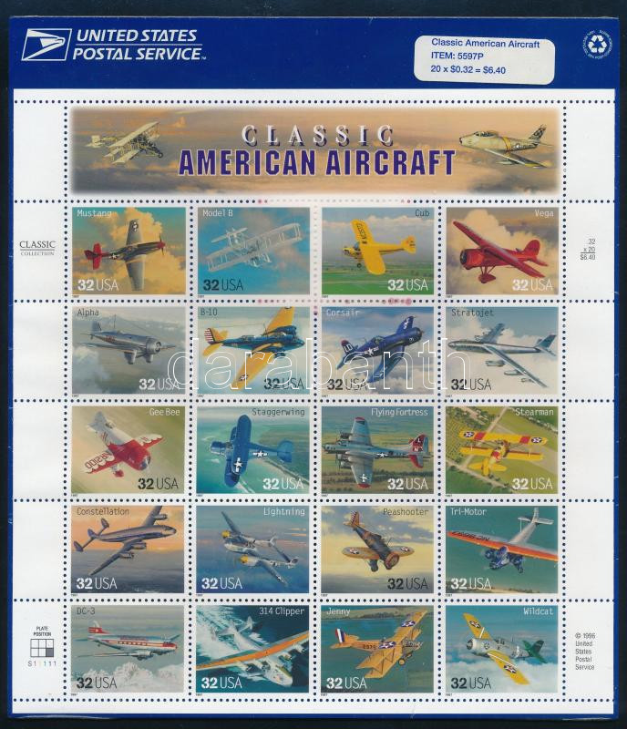 Aircrafts sheet in original packaging, Repülőgépek teljes ív eredeti csomagolásban