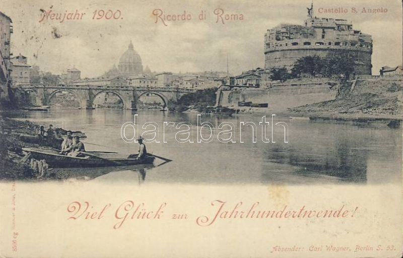 Rome, Roma; Castello S. Angelo / castle, boat, new year greeting card