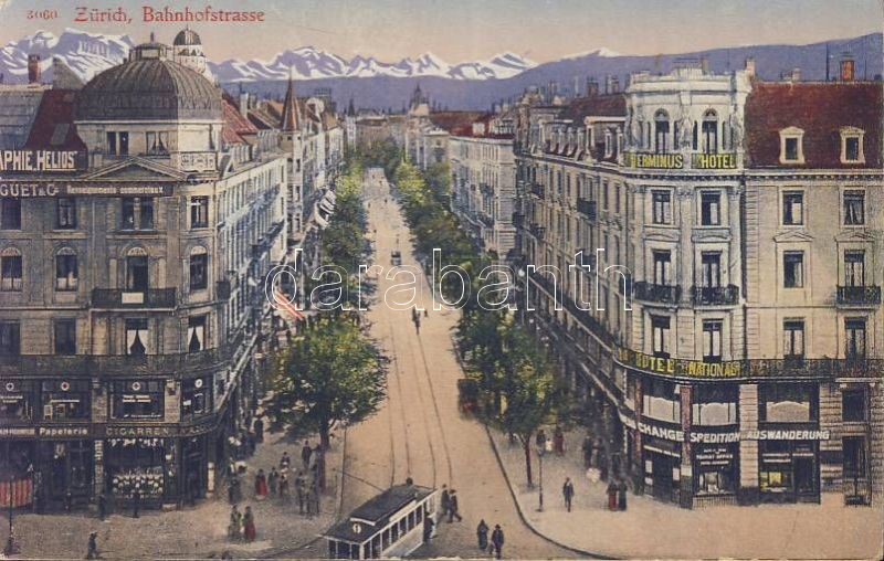 Zürich, Bahnhofstrasse, Hotel Terminus / street, tram, shops