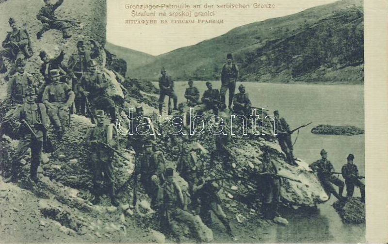 Első világháborús szerb katonai lap, fő út a szerb határon, Stafuni na srpskoj granici / Main street on the Serbian border, WWI