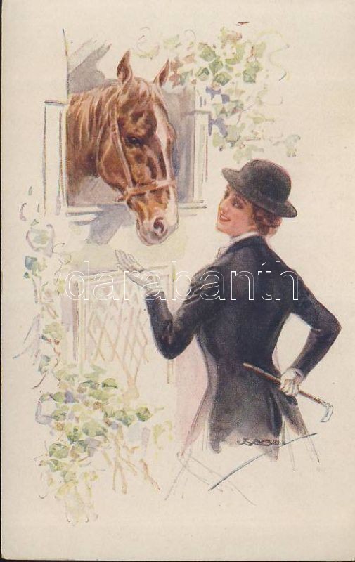 Italisan art postcard, lady with horse 'Erkal No. 320/6' s: Usabal, Olasz művészlap, Hölgy lóval 'Erkal No. 320/6' s: Usabal