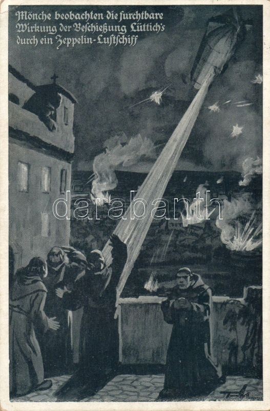 Liege, Lüttich; Monks, bombardment, Zeppelin, artist signed, Liege, szerzetesek, bombázás, Zeppelin, szignózott