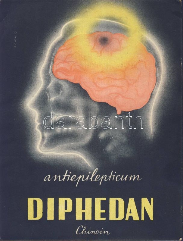 Chinoin Diphedan epilepszia elleni gyógyszer reklám, nagy méretű (13 cm x 17,2 cm) s: Sinkó (non PC), Chinoin's Diphedan antiepileptic medicine advertisement, big sized (13 cm x 17,2 cm) s: Sinkó (non PC)