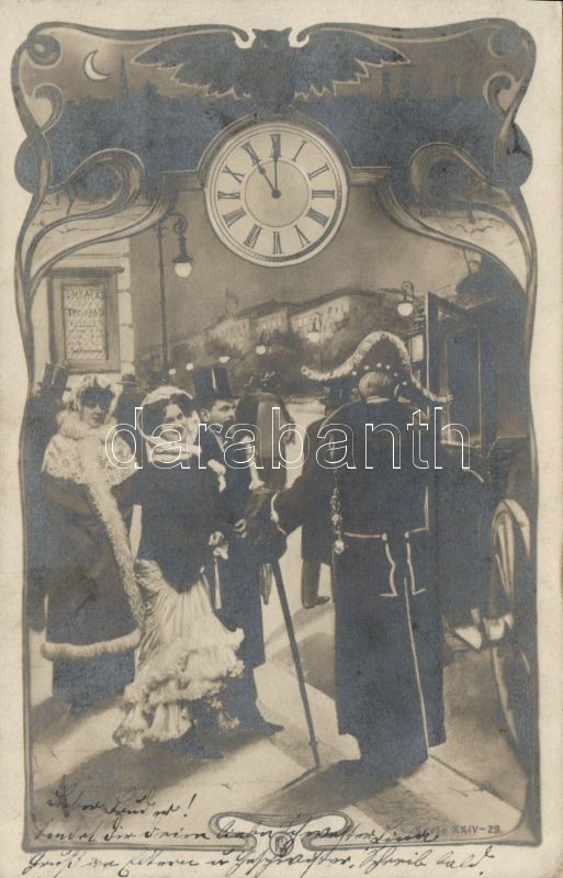 Színház után, párok a hintónál, óra, Art Nouveau, After theatre, couples at the carriage, clock, Art Nouveau