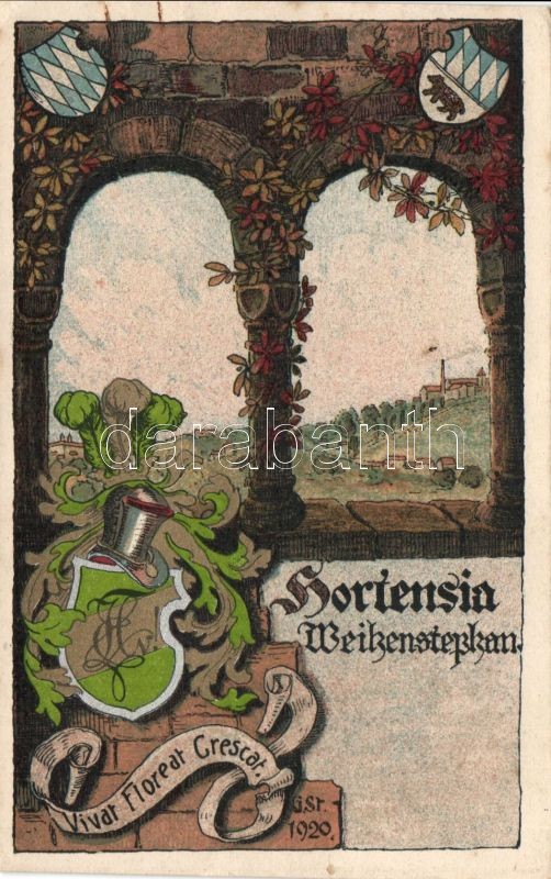 1920 Studentika Burschenschaft Hortensia Weihenstephan, címer, litho, 1920 Studentika Burschenschaft Hortensia Weihenstephan, coat of arms, litho
