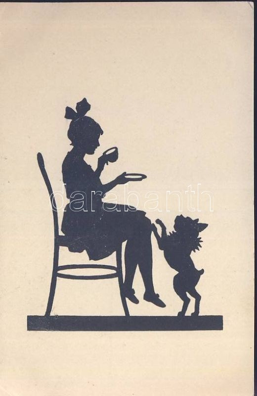 Sziluett, nő kutyával, Silhouette, lady with dog