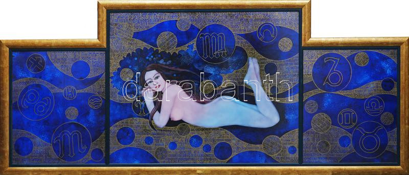 Faragó Miklós (1947-): Női akt. Vegyes technika, nyomat, farost. Jelezve jobbra lent. Üvegezett, dekoratív fakeretben. 90x212 cm. KIZÁRÓLAG SZEMÉLYES ÁTVÉTEL, NEM POSTÁZZUK! / ONLY PERSONAL COLLECTION AT OUR OFFICE.