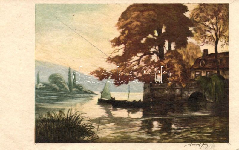 Romantikus táj, vitorlás hajó 'Italien Gravur 1966' szignózott, Romantic landscape, sailing boat 'Italien Gravur 1966' artist signed
