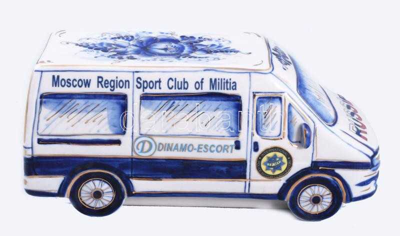 Gzhel porcelán Volkswagen kisteherautó, International Police-Motor Corporation logójával, jelzett, k...