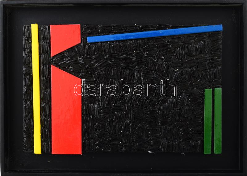 Kolozsvári Sándor (1956-2012): Geometrikus kompozíció. Vegyes technika, applikáció, fa, jelzés nélkül. Fakeretben, 13x20 cm