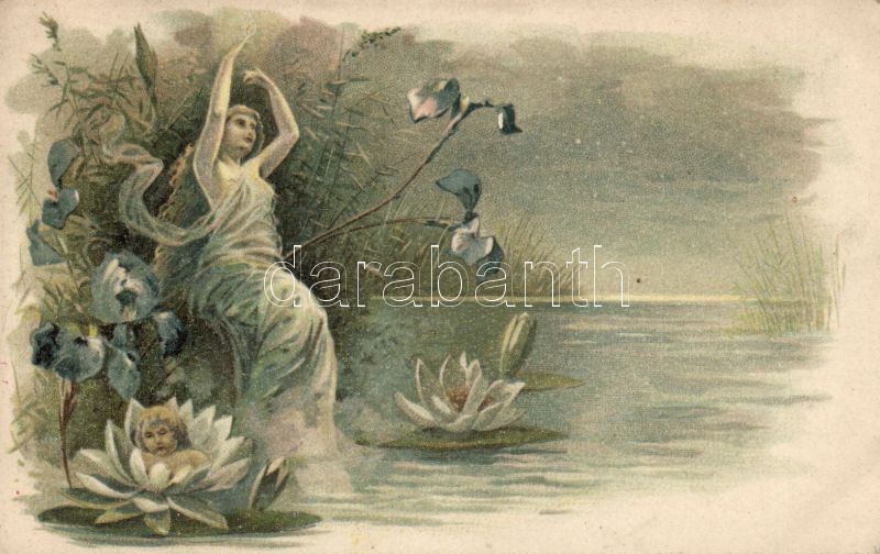 Hölgy lótuszvirágokkal litho, Lady with lotus flowers litho