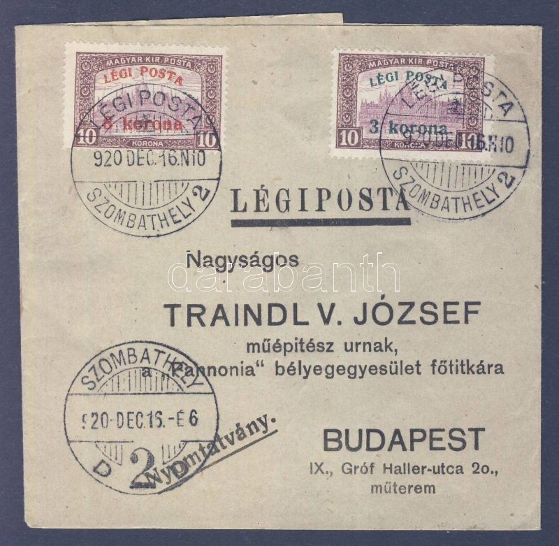 Airmail wrapper franked with 3K + 8K airmail stamps, 1920.12.16. (2. díjszabás) Légi címszalag Légi posta 3K + 8K bérmentesítéssel