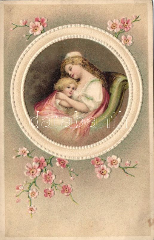 Anya gyermekével, floral Emb. litho, Mother with child floral Emb. litho