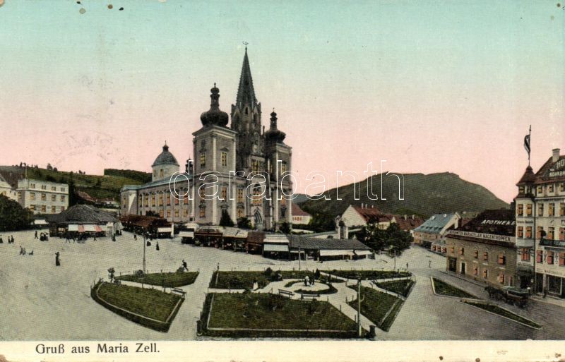 Mariazell church with pharmacy and hotel, shops, Mariazell, templom, gyógyszertár, hotel, üzletek