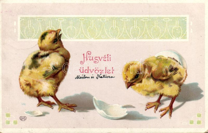 Easter, chickens litho, Húsvét, csirkék litho