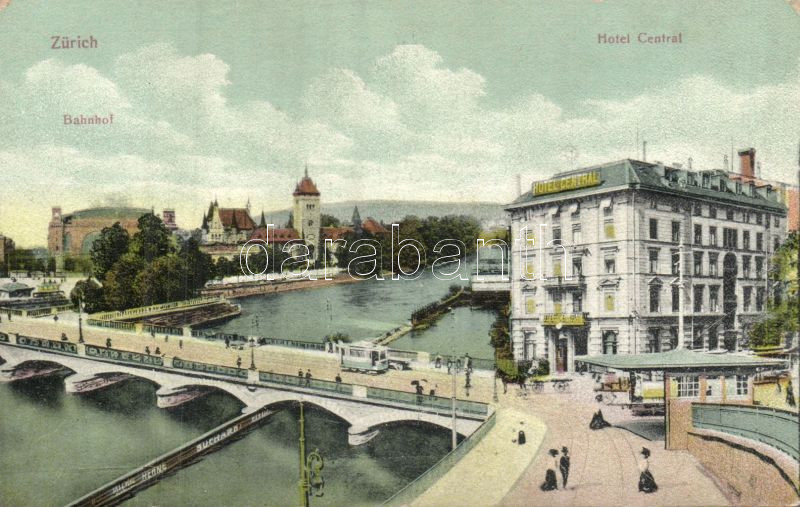 Zürich, Railway station, Hotel Central, bridge, tram,