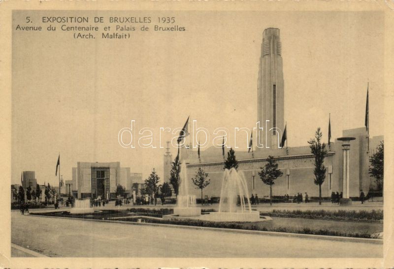 1935 Brussels, Exposition, Centennial Avenue and the Palace of Brussels, 1935 Brüsszel, Kiállítás, Centenaire sugárút, palota