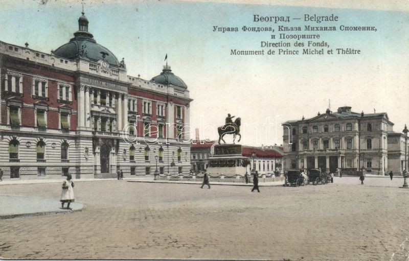 Belgrade, Direction des Fonds, Monument de Prince Michel, Theatre / Directorate of Finance, statue, theatre