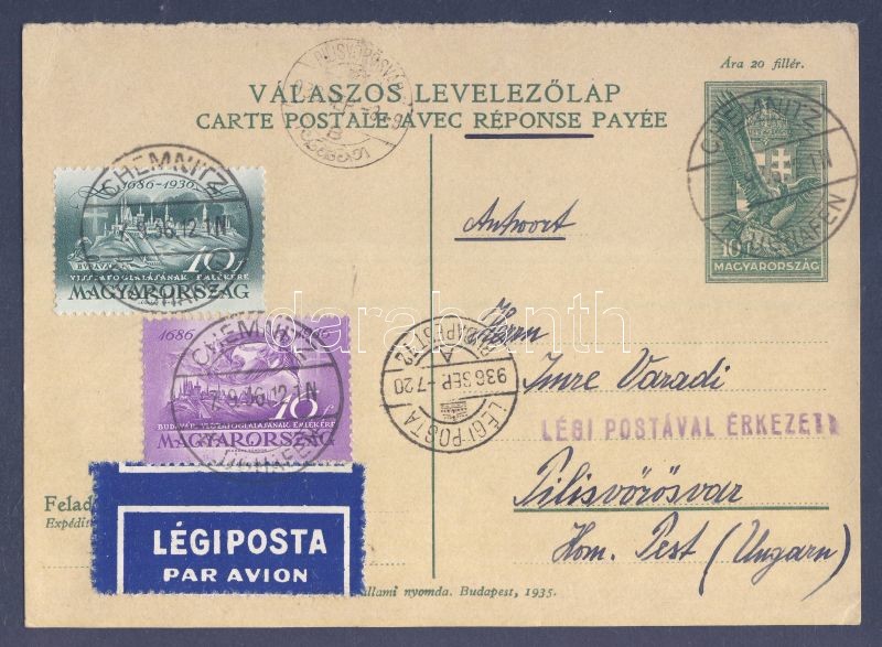 Díjkiegészített díjjegyes válasz levelezőlap légipostával Magyarországra, PS-reply card with additional franking, airmail to Hungary