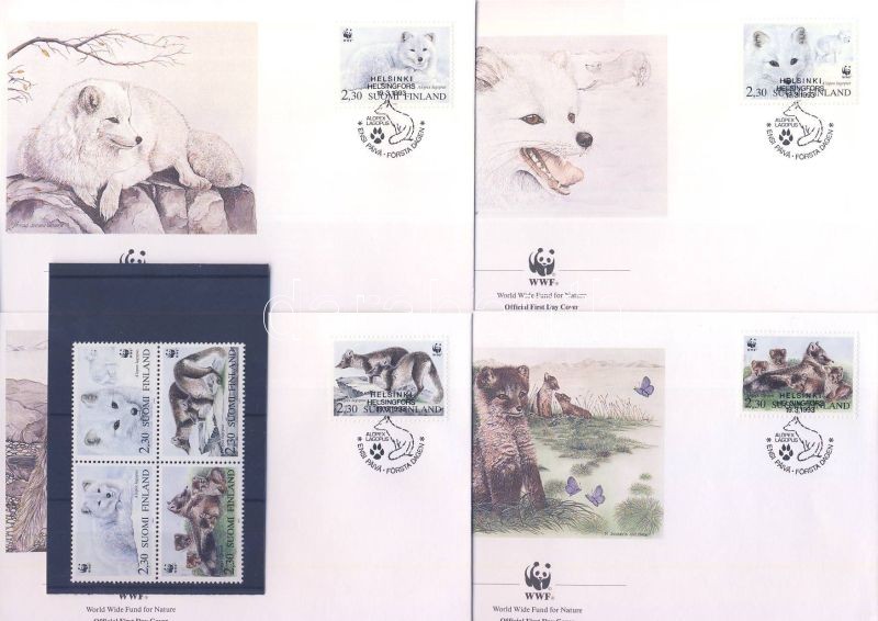 WWF Arctic fox block of 4 + 4 FDC, WWF Sarki róka négyestömb + 4 FDC, WWF Polarfuchs Viererblock + 4 FDC