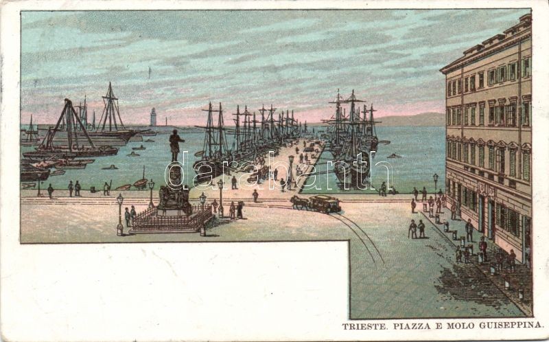 Trieste, Piazza e molo Guiseppina / square, pier, litho, Trieszt, Piazza e molo Guiseppina / tér, móló, litho