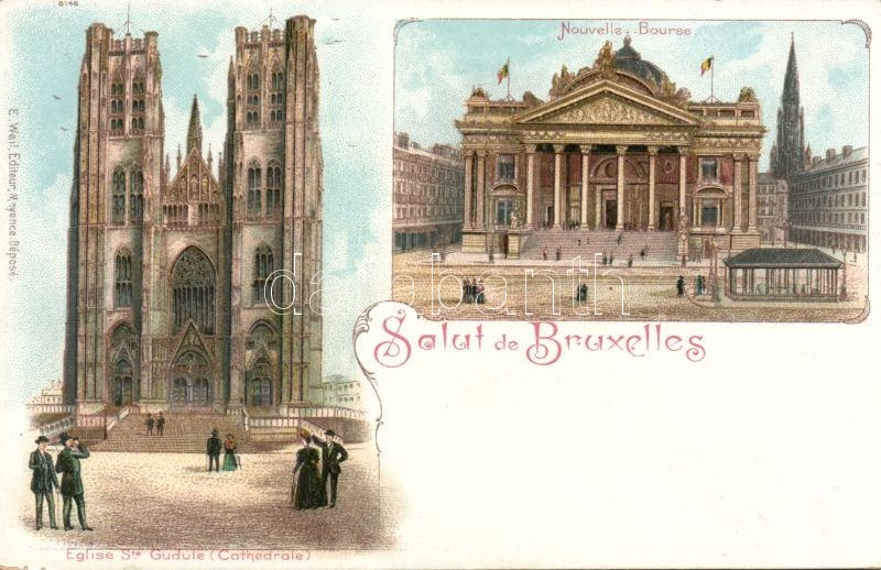Brussels, Bruxelles; Nouvelle Bourse, Eglise Ste Gudule / stock exchange, cathedral litho