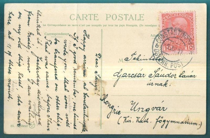 Képeslap Konstantinápolyból Ungvárra, Postcard from Constantinople to Uzhgorod, Postkarte aus Istanbul nach Uzhhorod