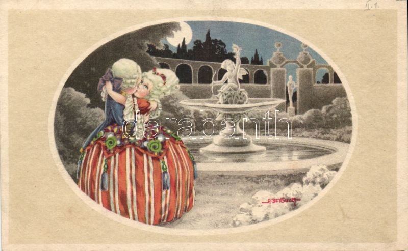 Italian art postcard, Baroque child romance s: Bertiglia, Olasz művészlap, Barokk gyerek pár s: Bertiglia