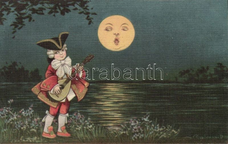 Italian art postcard, Baroque mandolin player, night s: Colombo, Olasz művészlap, barokk mandolinos, este s: Colombo