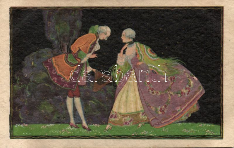 Italian art postcard, Baroque romantic couple 'Ross Monopol 1004.', Olasz művészlap, Barokk romantikus pár 'Ross Monopol 1004.'