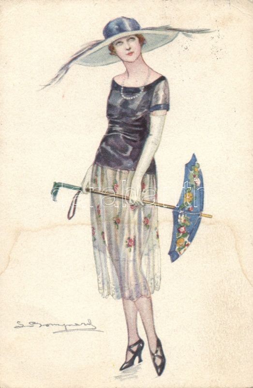 Italian art postcard, lady with umbrella s: Bompard