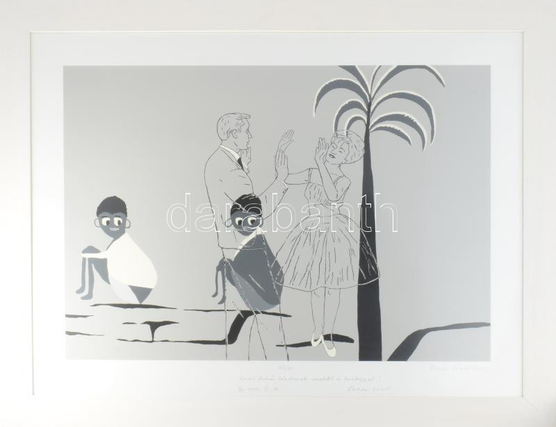 Fehér László (1953-): Tánc, 2011. Szitanyomat, papír, jelzett, számozott (45/80), lap alján Fehér László autográf ajándékozási soraival Kocsis András Sándor könyvkiadó, 1997-től 2021-ig a Kossuth Kiadó elnök vezérigazgatója részére. Üvegezett fakeretben. 56x77 cm.