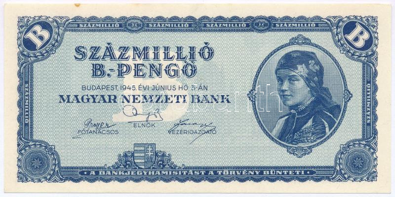1946. 100.000.000BP A 100 millió B-Pengős a Magyar Nemzeti Bank által - a II. világháborút követő hazai hiperinflációs időszak során - kibocsátott, a mai napig is a világ legnagyobb névértékű, még forgalomba került bankjegye. A Pengő ezekben a hónapokban olyan sebességgel veszített az értékéből, hogy egymás után, gyakorlatilag pár hetente jelentek meg az egyre nagyobb névértékű bankók. Ennek köszönhetően a Pengő hattyúdala során megfigyelhető érdekesség, hogy az egyes nagyságrendekben megjelent 100 milliós névérték a grafikai elemeket közel változatlanul hagyta, a névértéken kívül az egyetlen változás a papírpénzek eltérő színe: a 100 millió Pengő sárga-barna, a 100 millió Milpengő zöld, míg a jelen aukciónk tárgyát képező 100 millió Bilpengő kék színváltozatban került forgalomba. T:AU folt Hungary 1946. 100.000.000 B-Pengő. The 100 million B-Pengős are the world's largest denomination banknote, issued by the Hungarian National Bank during the domestic hyperinflation period following World War II. The Pengő lost its value at such a speed in these months that banknotes of increasingly larger denominations were issued one after another, practically every few weeks. Due to this, an interesting observation during the Pengő's swan song is that the 100 million denominations issued in each order of magnitude left the graphic elements almost unchanged, the only change apart from the denomination is the different color of the paper money: the 100 million Pengő is yellow-brown, the 100 million Milpengő is green, while the 100 million Bilpengő, which is the subject of our current auction, was issued in a blue color variant. C:AU spotted Adamo P39