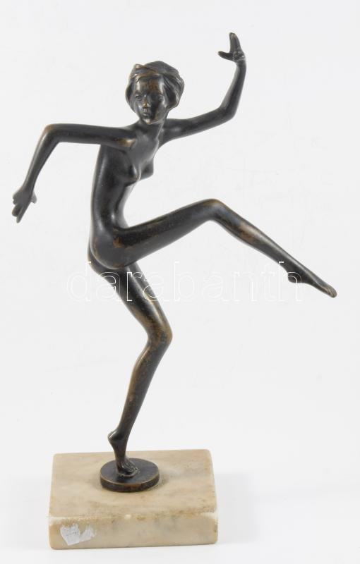 Josef Lorenzl (1892-1950): Art deco táncosnő. Patinázott bronz, márvány talapzaton, jelzés nélkül, m: 29 cm