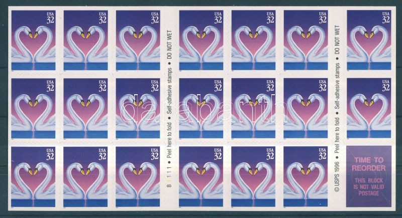 Greeting stamp, swans adhesive booklet, Üdvözlőbélyeg, hattyúk öntapadós füzetlap, Grußmarken. Odr.; selbstklebend;