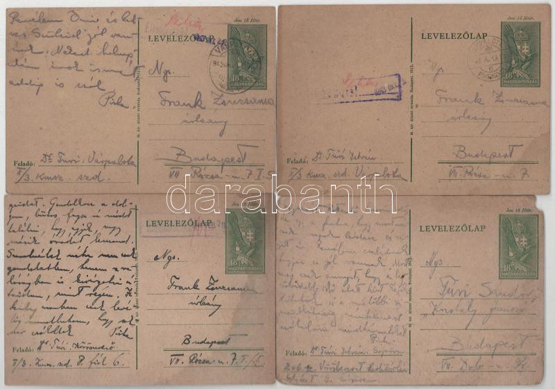 56 db magyar második világháborús zsidó KMSZ (közérdekű munkaszolgálatos) tábori posta II/3. munkás század, Dr. Túri István és családja között főleg 1943-1944-ből, több különböző helyszínről + 4 db levél. Judaika. Érdekes családtörténeti anyag!! / 56 WWII Hungarian letters between a Jewish labor serviceman and his family, mainly from 1943-1944 from different places + 4 letters. Judaica