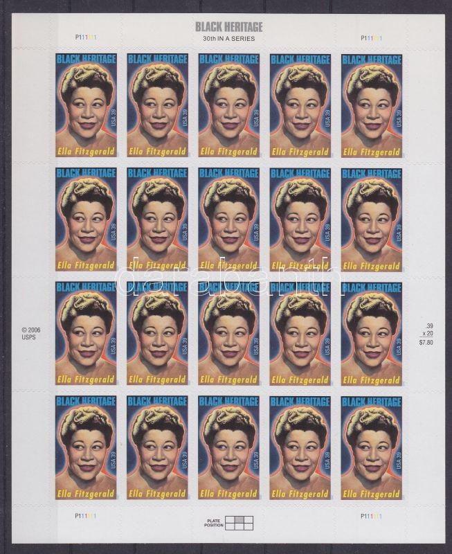 Ella Fitzgerald 20 bélyegből álló  öntapadós kisív, Ella Fitzgerald self-adhesive mini sheet of 20 stamps, Schwarzamerikanisches Erbe: Ella Fitzgerald. Odr. (54); selbstklebend