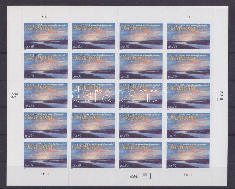 100 Jahre Staat Oklahoma. Odr. (4x5); selbstklebend, 100 éves Oklahoma 20 bélyegből álló öntapadós kisív, The 100th anniversary of Oklahoma self adhesive mini-sheet of 20 stamps
