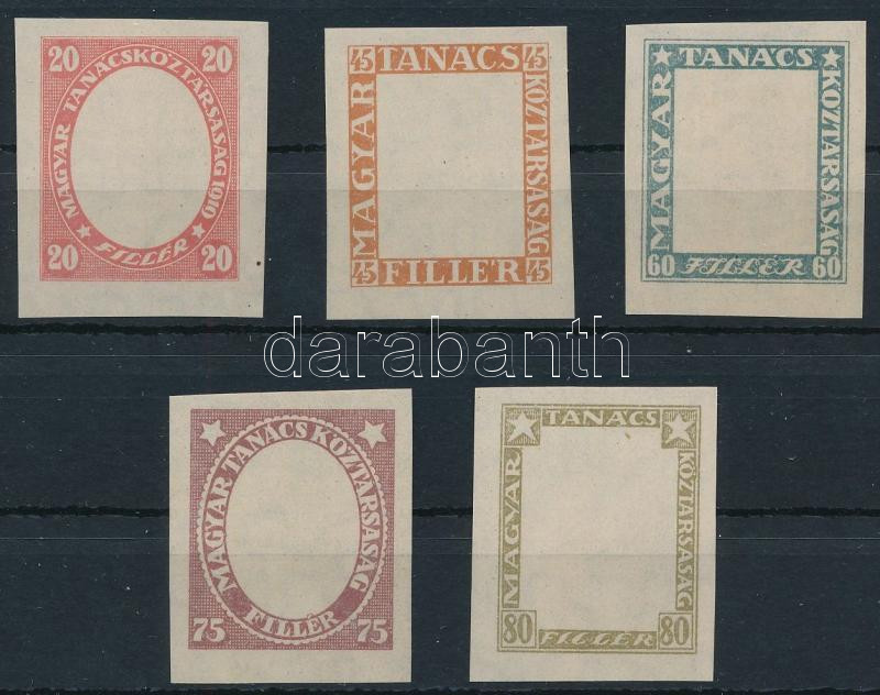 1919 Magyar Tanácsköztársasági arcképek vágott próbanyomat sor a keretről fekvő vízjeles cigaretta papíron / Mi 261-265 imperforate proofs with watermark VIIa. RRR!