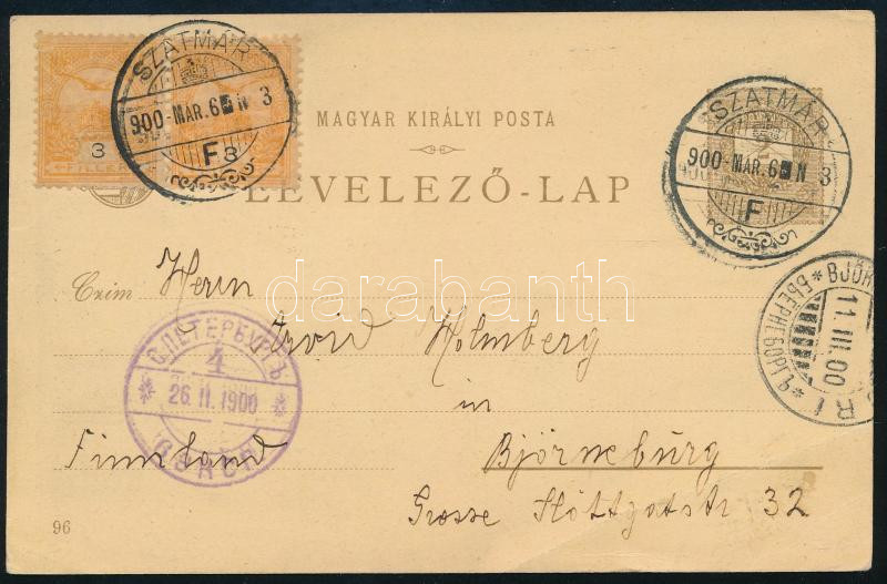 1900.márc.06. 2kr díjjegyes millenniumi levelezőlap Turul 2 x 3f díjkiegészítéssel, vegyes bérmentesítésű tarifahelyes lap "SZATMÁR" - BJÖR(NEBURG)" Finnország RRR!