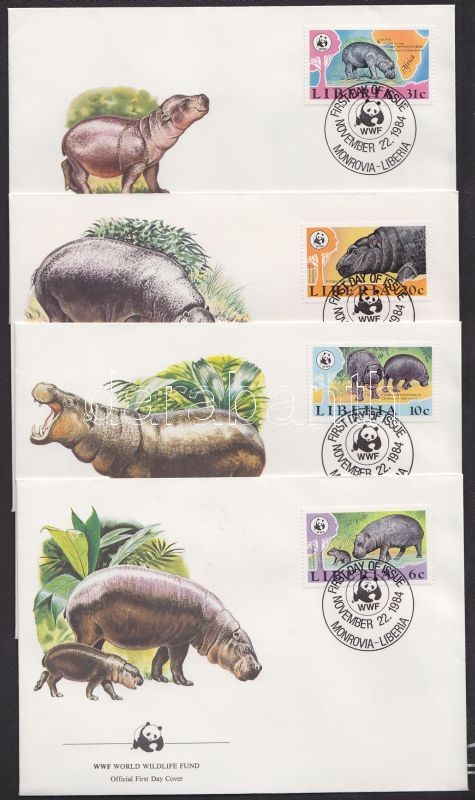 WWF Hippopotamus set 4 FDC, WWF Vízilovak sor 4 FDC, WWF Zwergflußpferd Satz 4 FDC