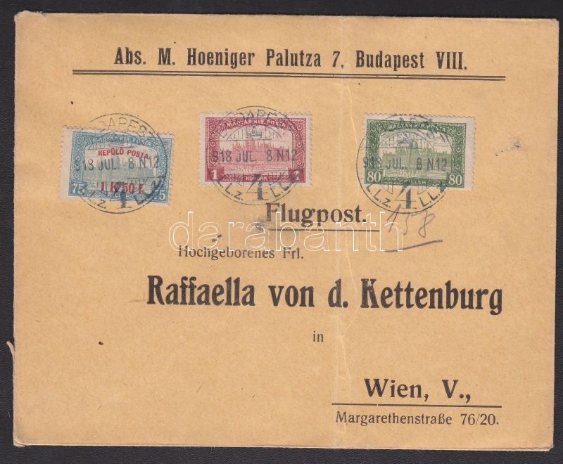 1918.jul. 8. Légi levél Bécsbe 1K50f Repülő posta bélyeggel Signed: Visnyovszki, Mi 210 on airmail cover to Vienna. Signed: Visnyovszki