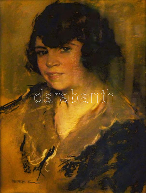Fried Pál (1893-1955): Fiatal hölgy mellképe (Milike portréja). Pasztell, papír. Jelzett. Üvegezett, dekoratív, sérült, korabeli keretben. 58x40 cm.